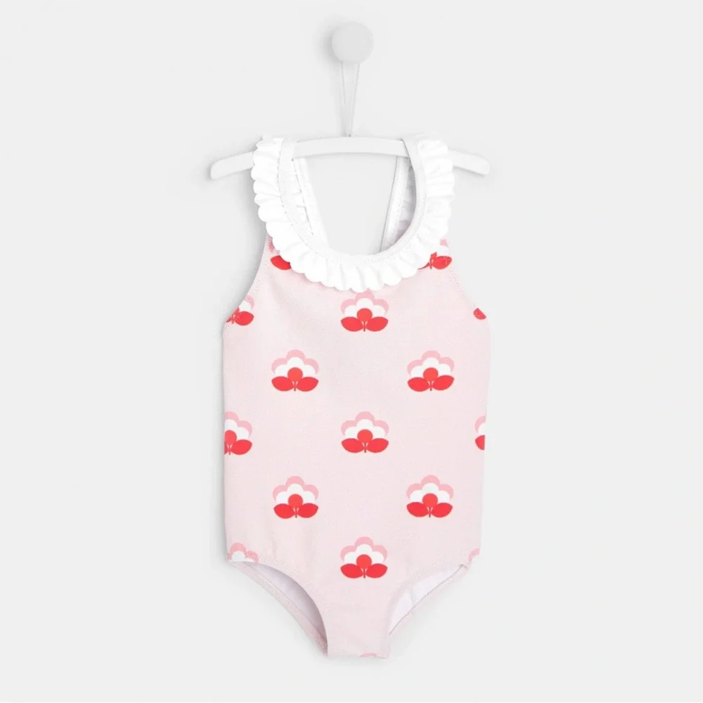 Jacadi Baby Girl Ruffle Swimsuit 3-6M Pink Floral One Piece Infant Swim